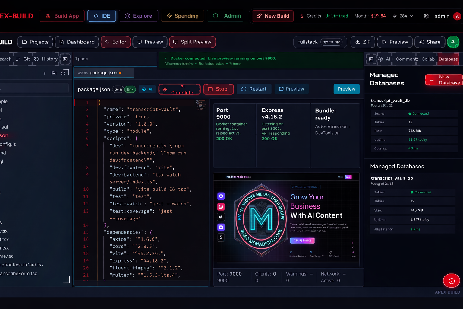Apex-Build cloud IDE with file tree, Monaco editor, and integrated terminal
